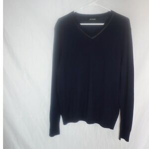 The Kooples Mens Navy Blue 100% Merino Wool V-Neck Sweater Leather Trim Size L